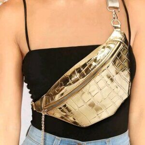 Gold Faux Crocodile Skin Print Sling Belly Bag Fanny Pack Adjust Guitar Strap